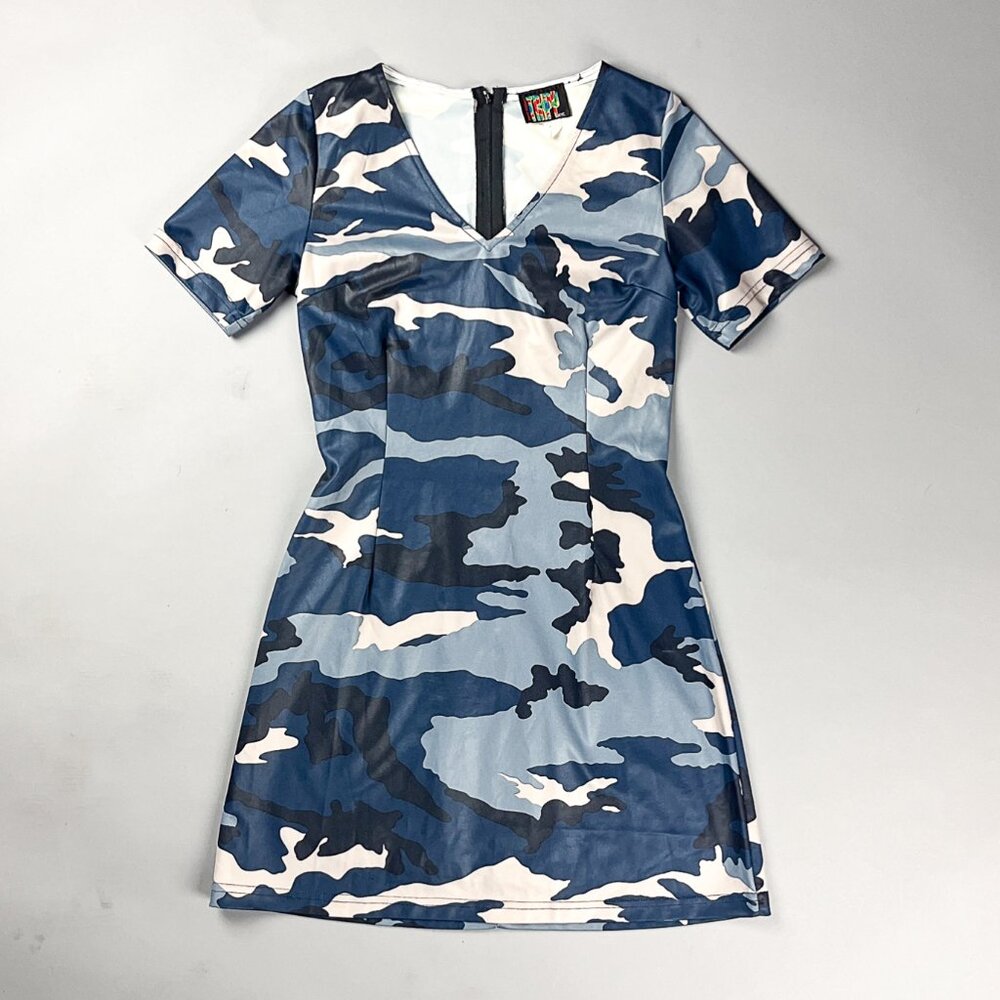 Vintage 90's Blue Tones Camouflage Short Sleeve Bodycon Mini Dress